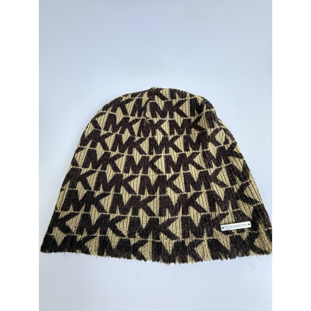 Michael Kors MK Logo Beanie Hat Brown Tan Knit One Size Monogram Winter Cap